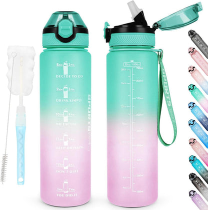 Sport Trinkflasche 1L BPA-frei mit Strohhalm Zeitmarkierungen