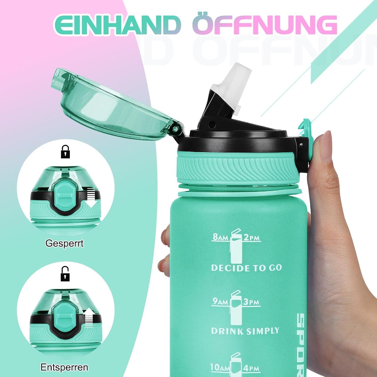 AOHAN Trinkflasche 1L BPA-frei Sport Wasserflasche mit Stroh Grün Lila