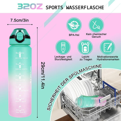 Sport Trinkflasche 1L BPA-frei mit Stroh Zeitmarkierungen Grün Lila