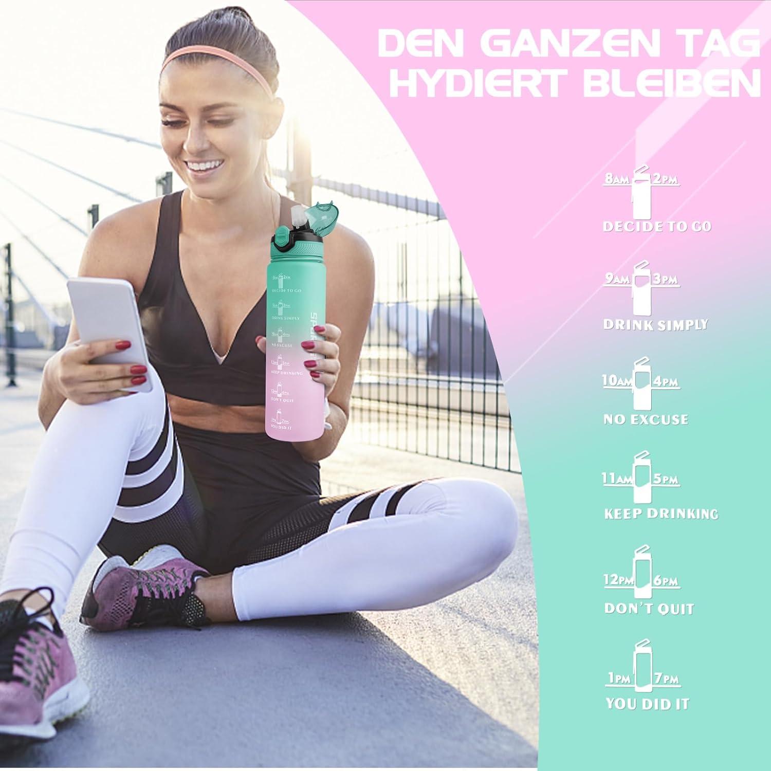 Trinkflasche 1L BPA-frei Sport Wasserflasche Stroh Spülmaschinenfest