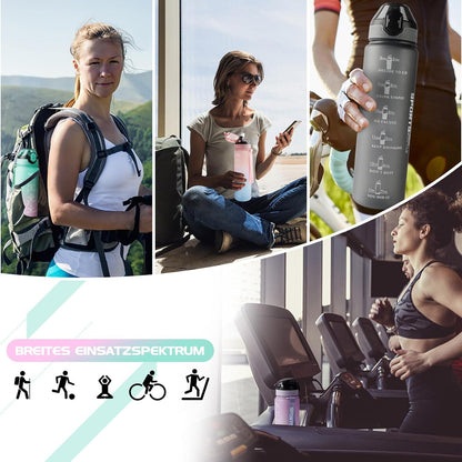 Sport Trinkflasche 1L BPA-frei mit Stroh Zeitmarkierungen Grün Lila