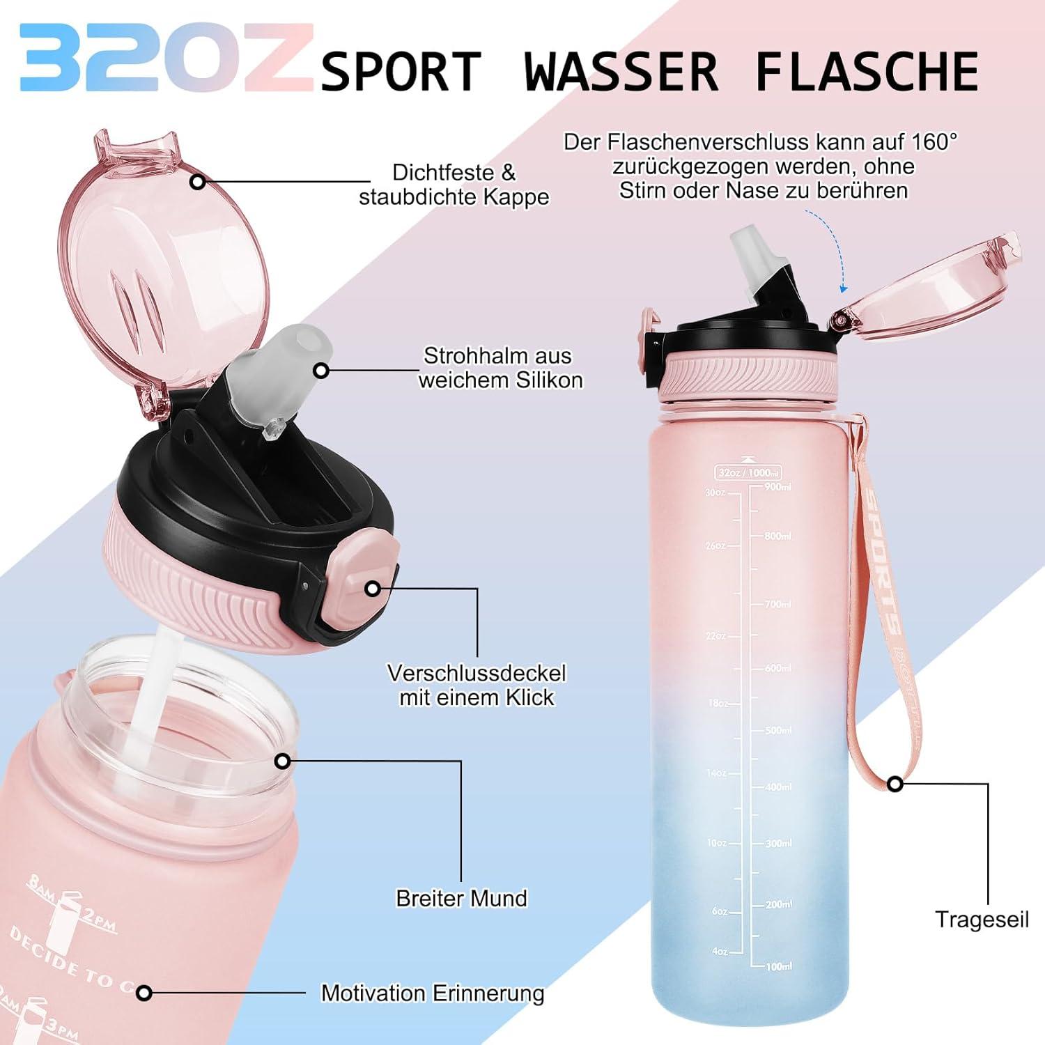 AOHAN 1L BPA-freie Sport-Trinkflasche mit Stroh und