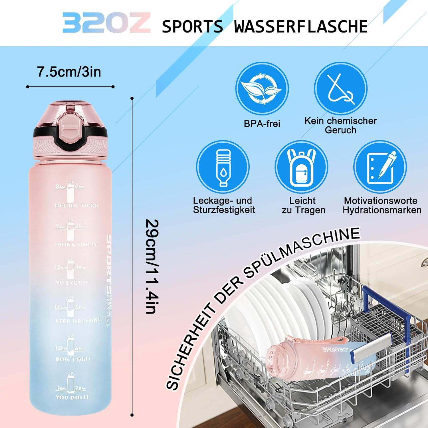 Sport Trinkflasche 1L BPA-frei mit Stroh, Zeitmarkierungen