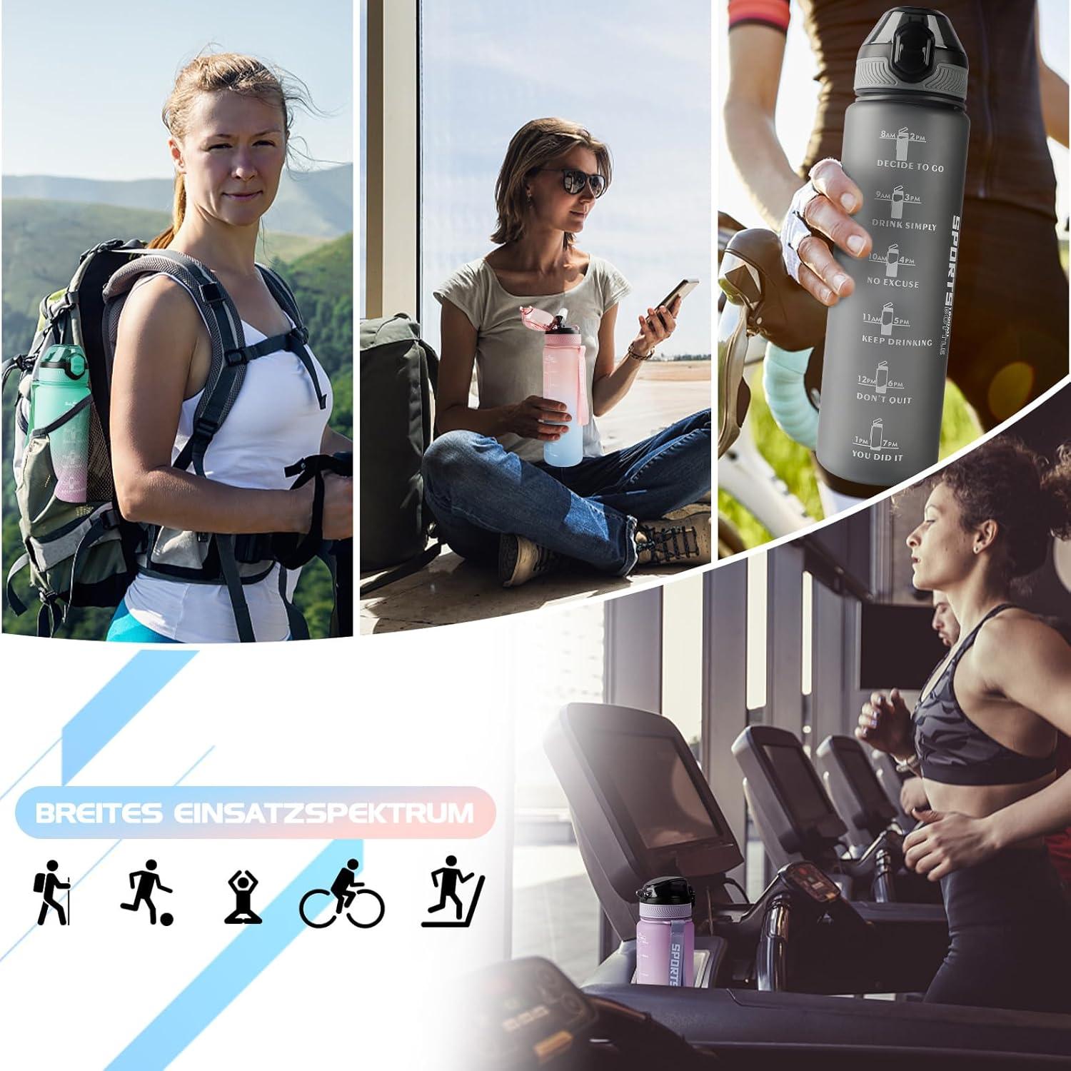 Sport Trinkflasche 1L BPA-frei mit Stroh, Zeitmarkierungen