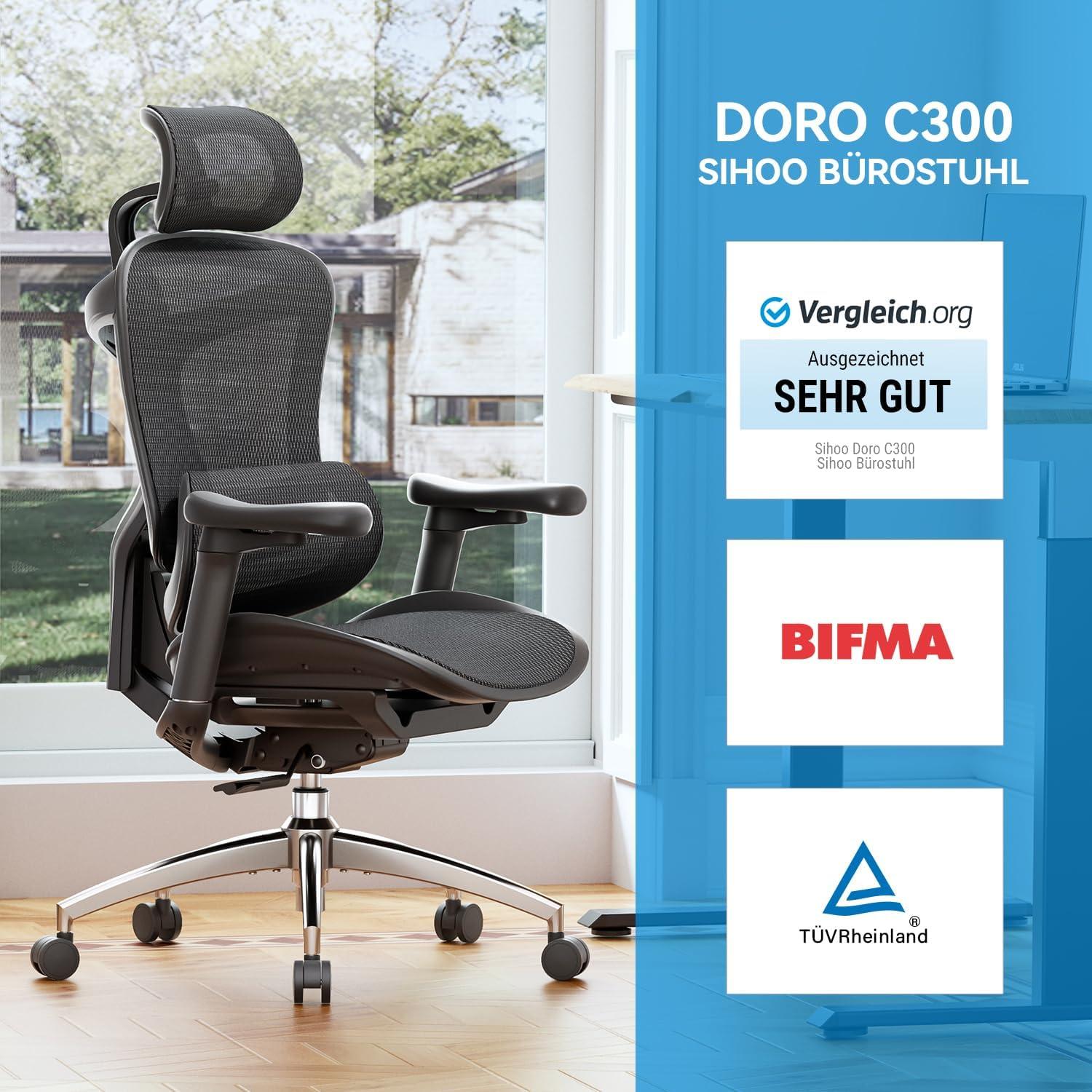 SIHOO Doro C300 Ergonomischer Bürostuhl mit 3D-Armlehnen & Lordosenstütze, Schwarz