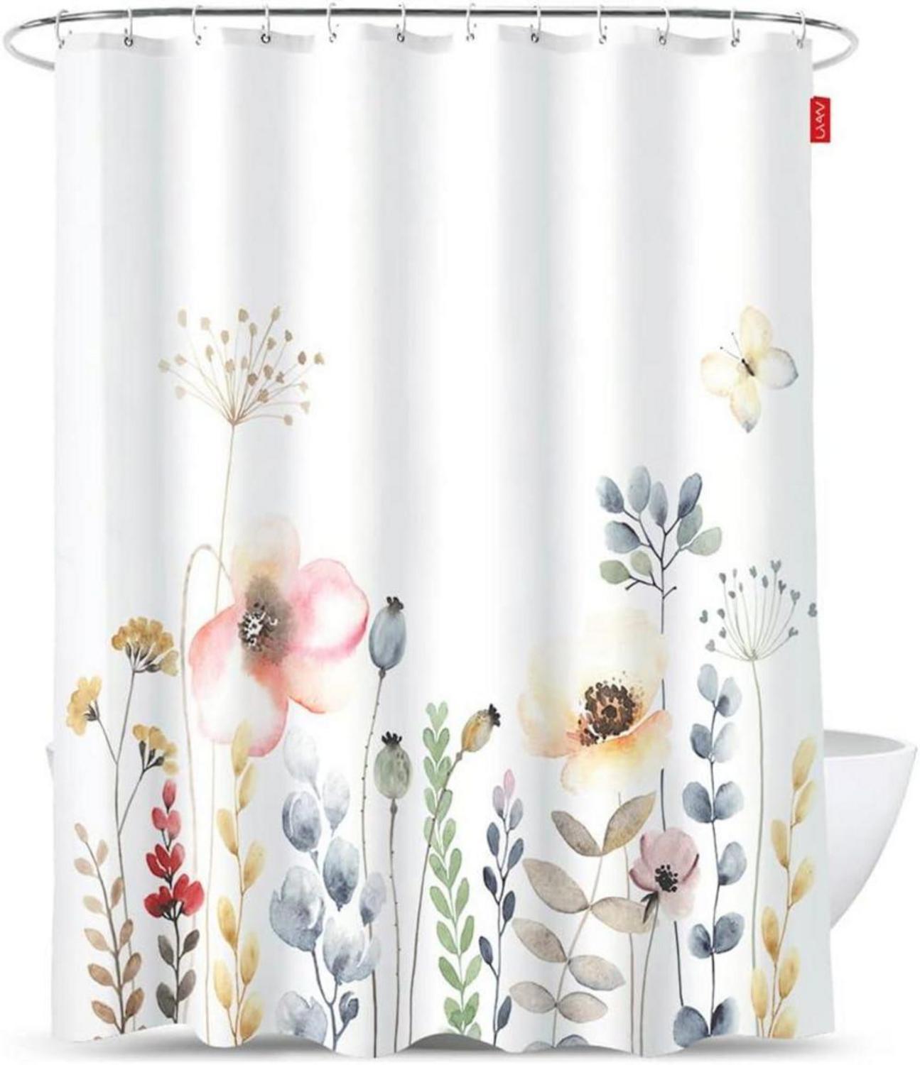 Lerores Duschvorhang Blumen 180x200cm Textil Polyester mit beschwertem Saum