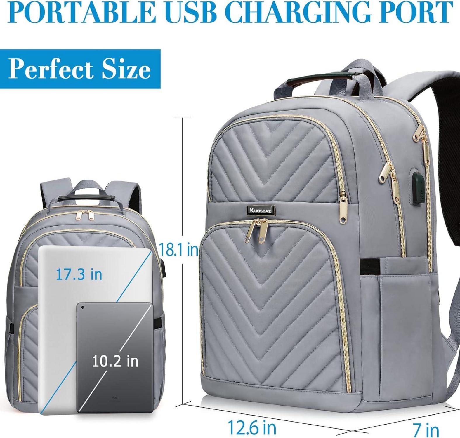 Kuosdaz Rucksack Damen 17.3 Zoll USB Ladeanschluss Grau Wasserdicht Uni Reise