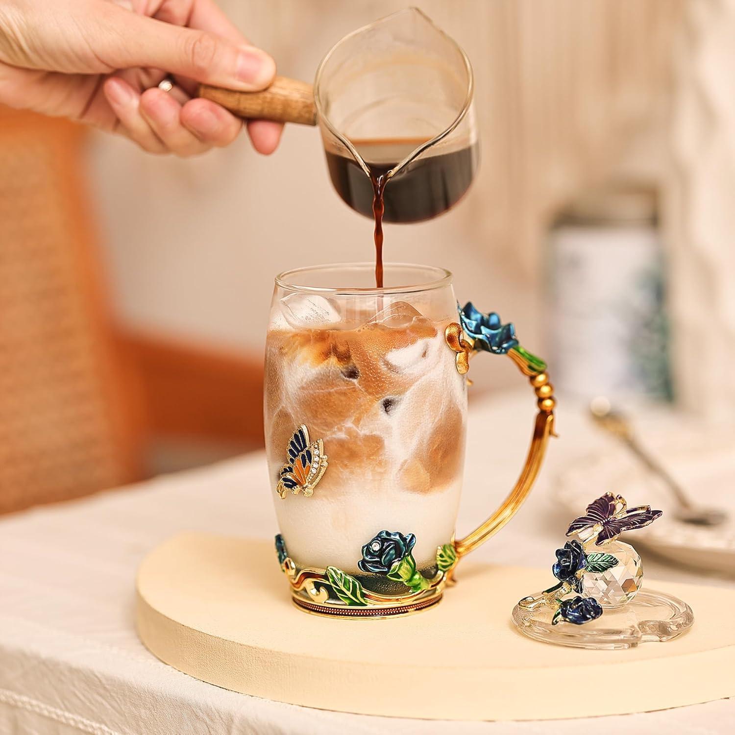 Emaille Blume Schmetterling Tee Tasse Set mit Löffel, Deckel und Glas