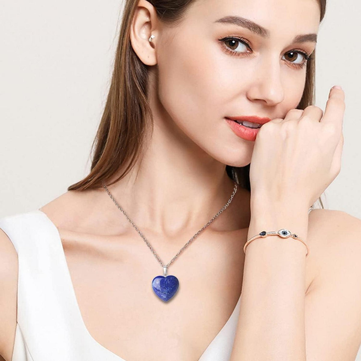 Lapislazuli Herz Halskette Damen Silber, Heilkristall Anhänger