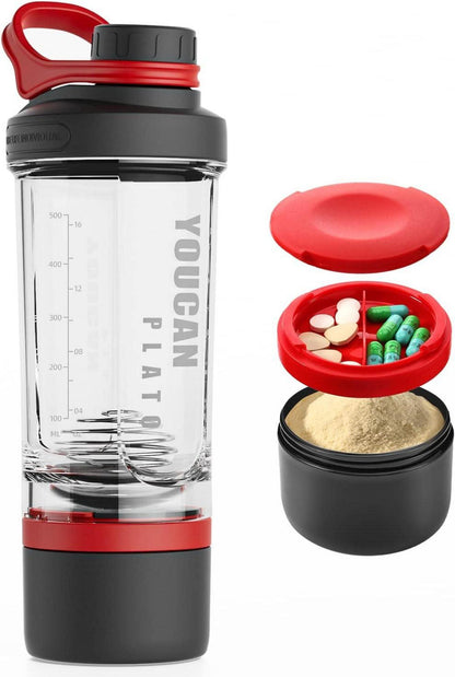 Protein Shaker mit Pulverfach und Kugel, Shake Becher 620ML Red