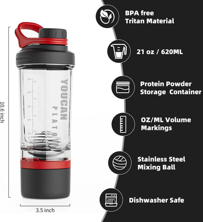 Protein Shaker mit Pulverfach und Kugel, Shake Becher 620ML Red