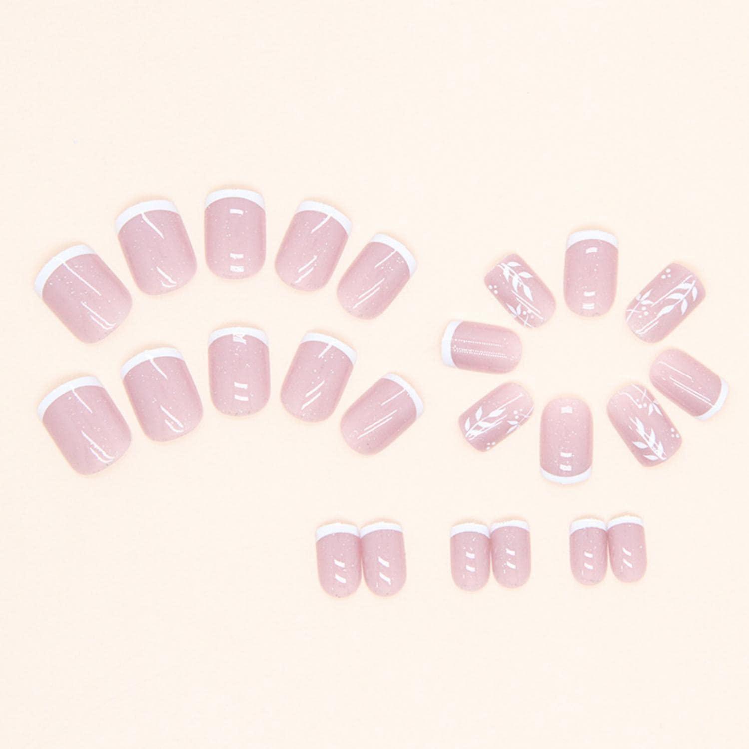 24er Set Eckige Kunstnägel Aufkleben French Weiß Nude Rosa Acryl