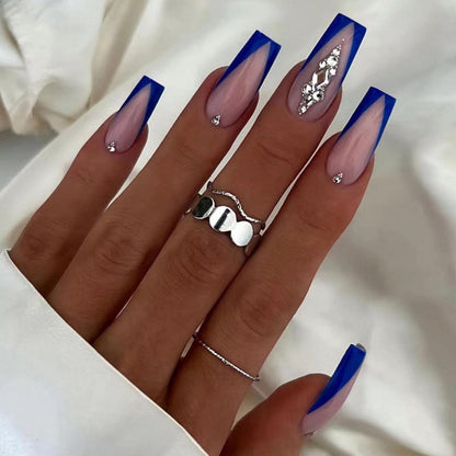 24 Stück Blaue Acryl Nägel mit Strass Design und French