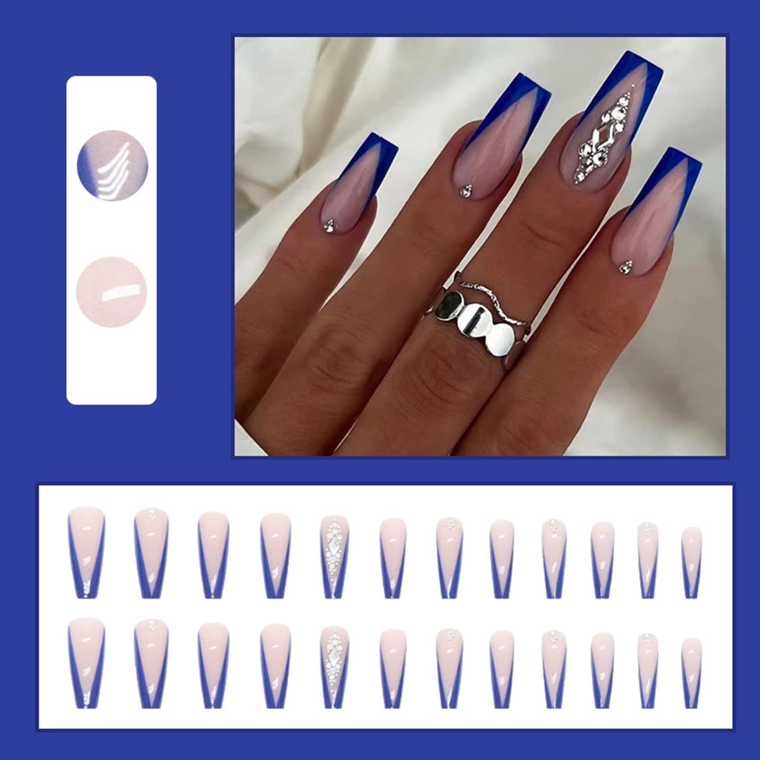 24 Stück Blaue Strass Acryl Falsche Nägel Wiederverwendbare