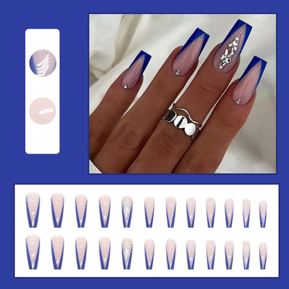 24 Stück Blaue Strass Acryl Falsche Nägel Wiederverwendbare