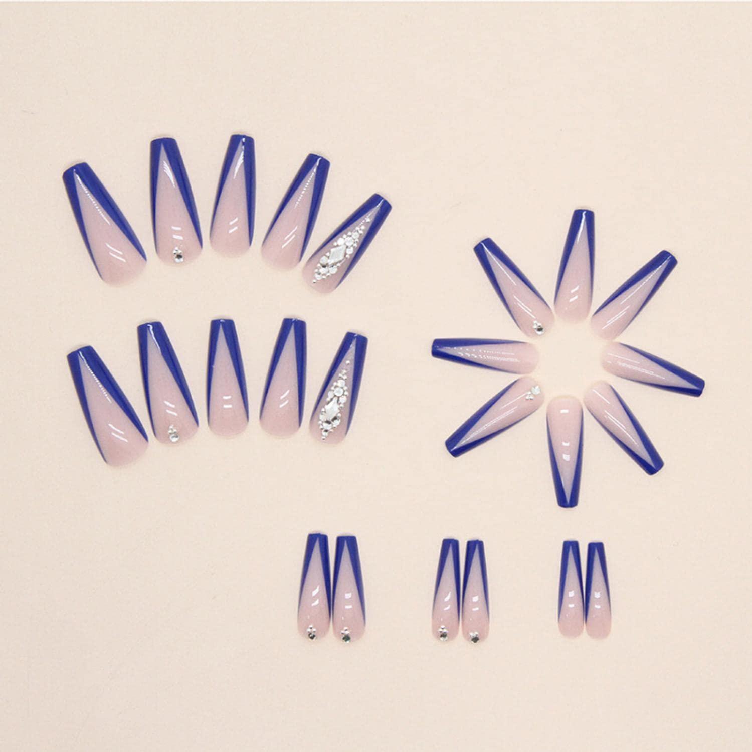 24 Stück Blaue Acryl Nägel mit Strass Design und French