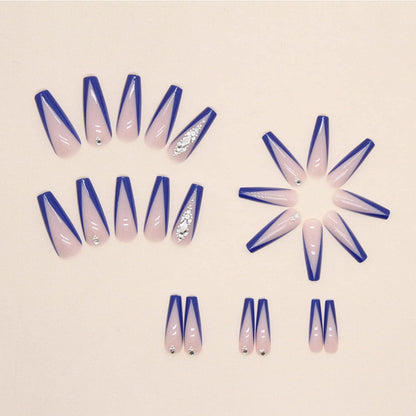 24 Stück Blaue Acryl Nägel mit Strass Design und French