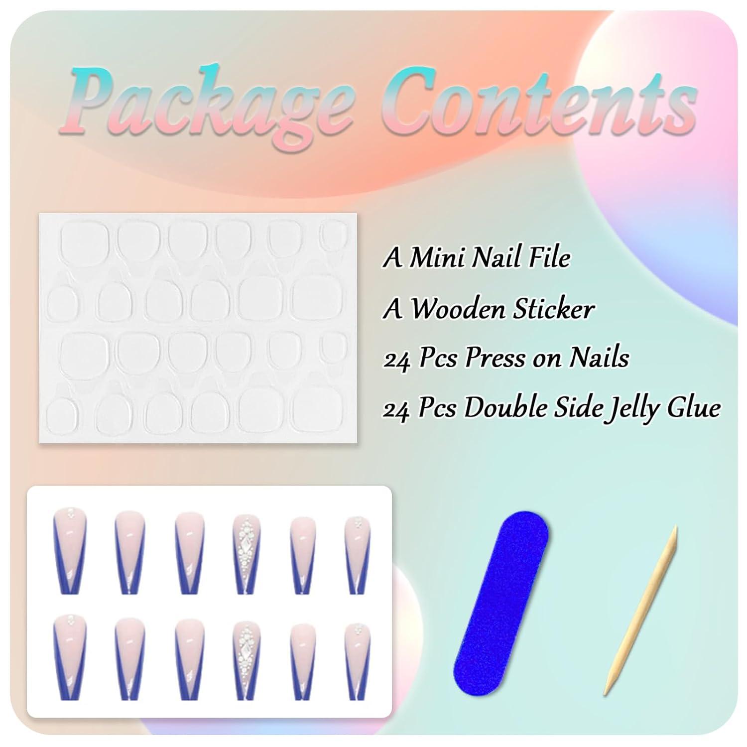 24 Stück Blaue Sarg Nägel mit Strass Design, Lang Ballerina Press on Nails
