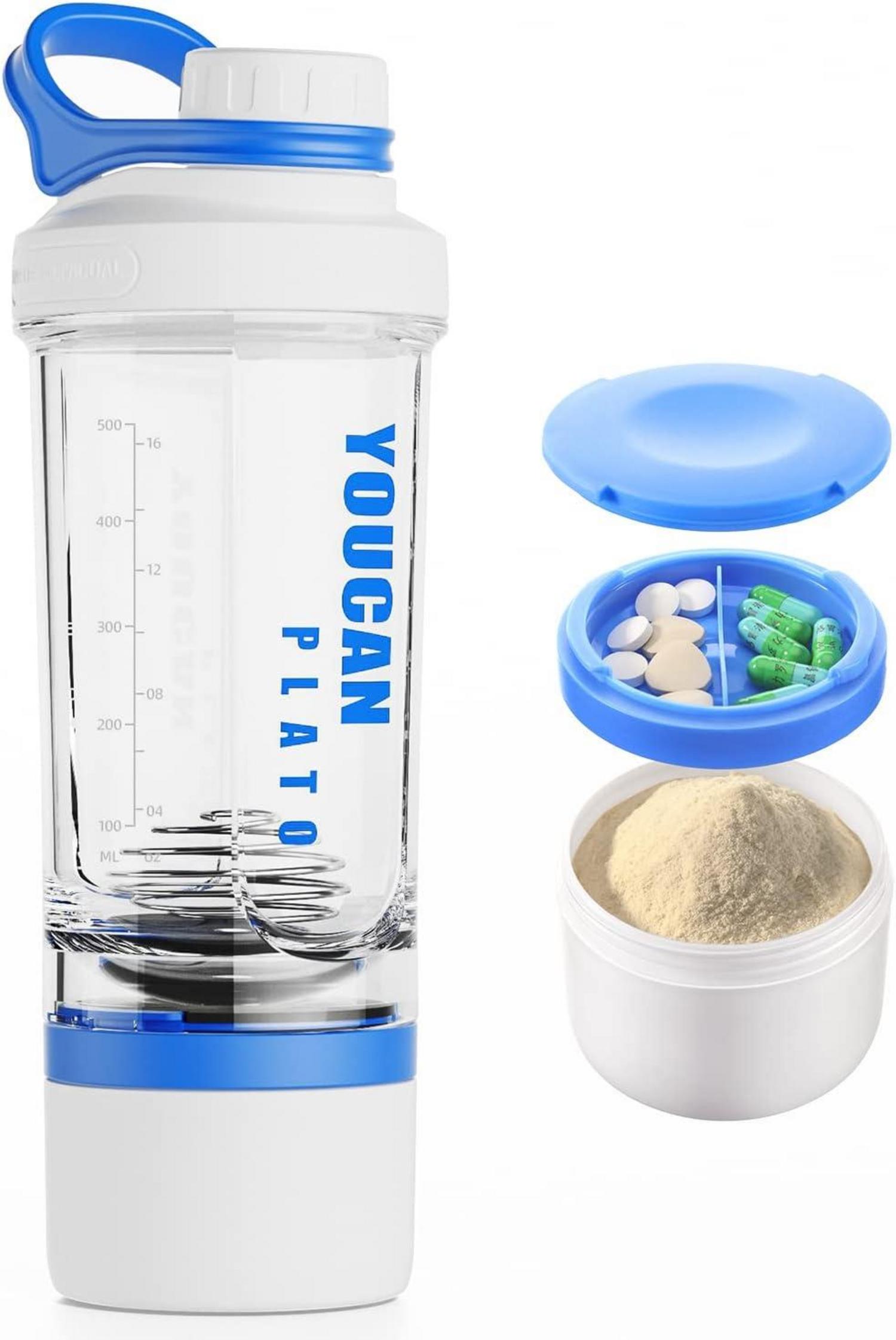 Protein Shaker mit Pulverfach und Kugel 620ml Blau