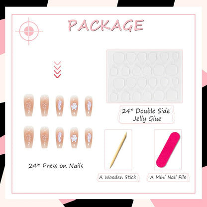 24er Set Ballerina Künstliche Nägel Strass Lang Glänzend French Nagel Kunst