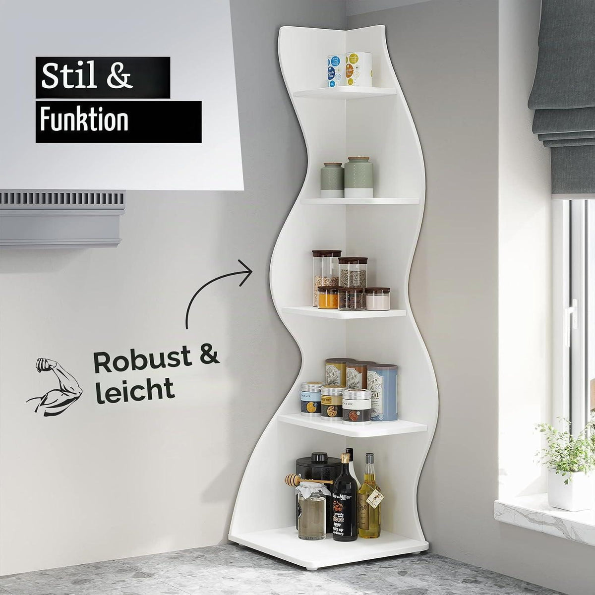 5-stufiges Eckregal weiß – Bücherregal & Pflanzenständer