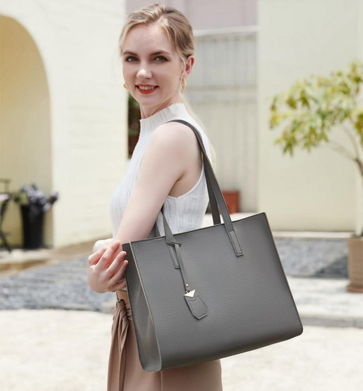 Große Damen Handtasche Shopper mit Reißverschluss - Grau
