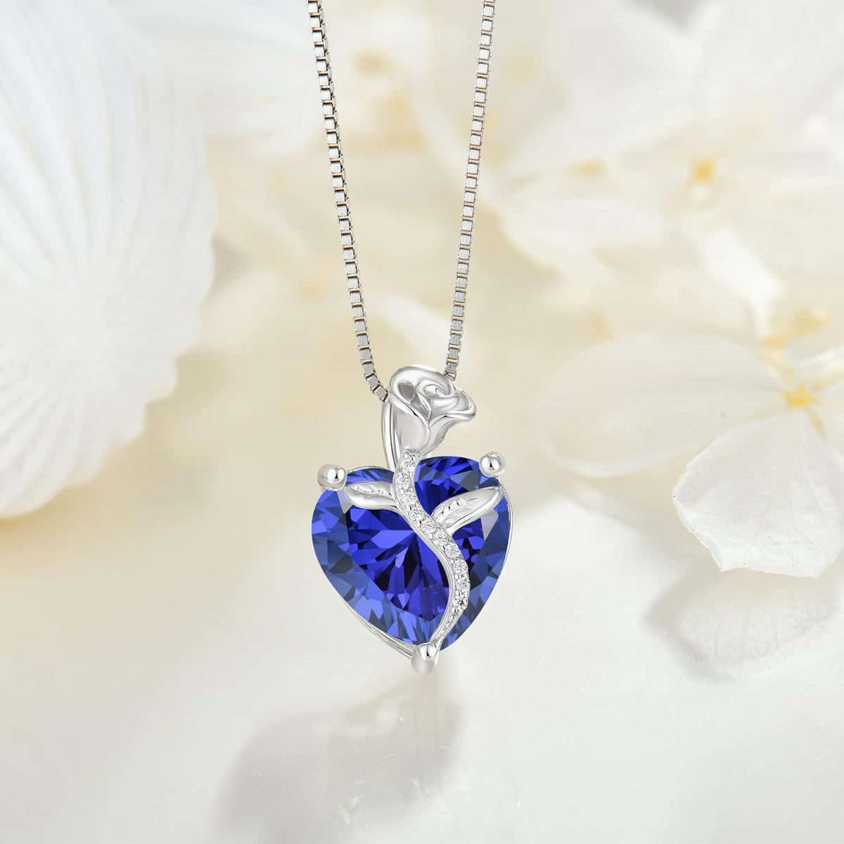 Herz Kette Damen 925 Sterling Silber Tansanit Geburtsstein Rose Blume