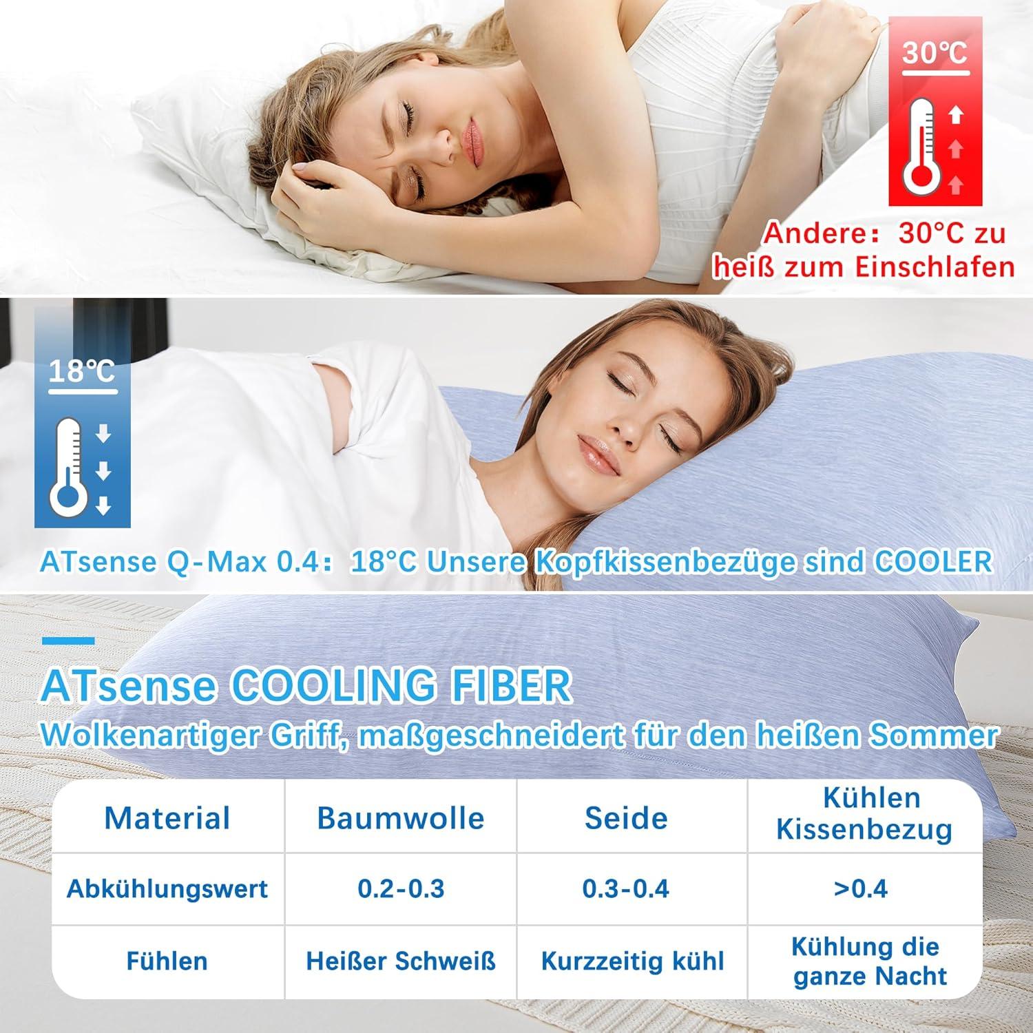 ATsense Kühlender Kissenbezug 40x80 2er Set Hellblau Q-Max 0.4 Doppelseitige Kühlfaser