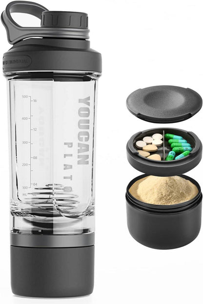 Protein Shaker mit Pulverfach und Kugel - Schwarz 620ML