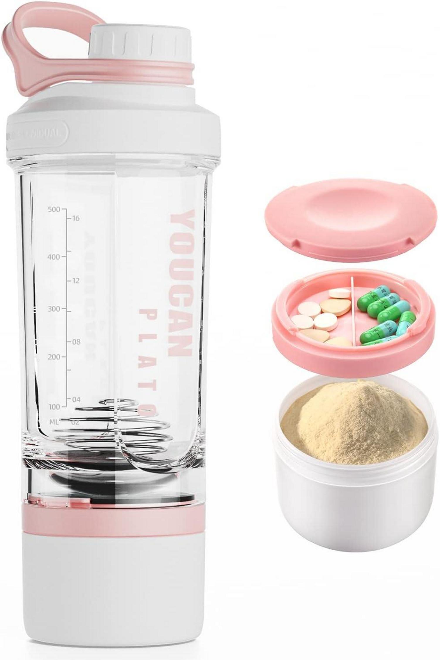 Protein Shaker mit Pulverfach und Kugel 620ML-Rosa