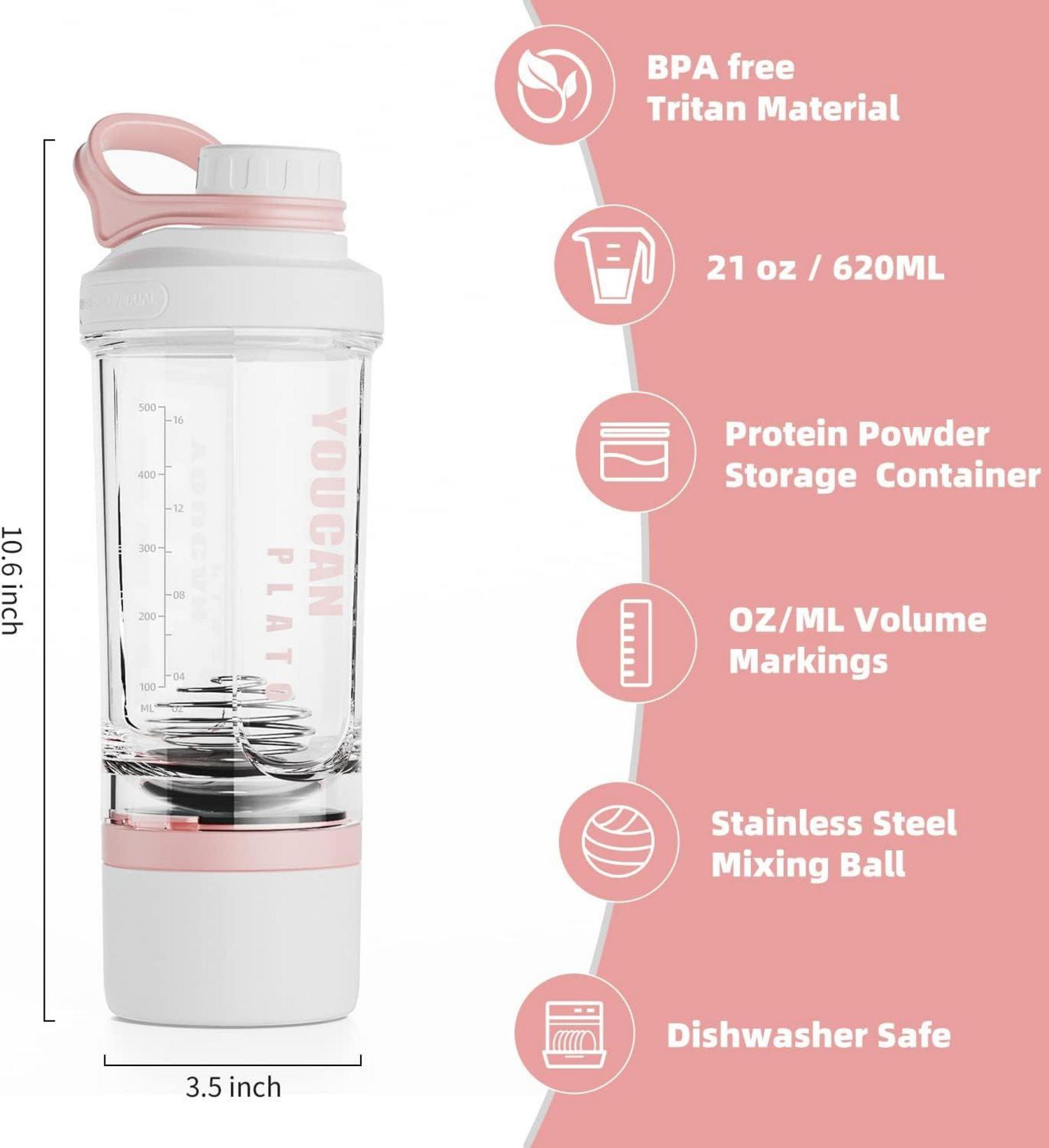 Protein Shaker mit Pulverfach und Kugel 620ML-Rosa