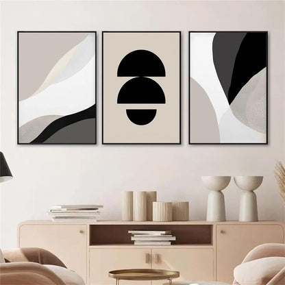 3-teiliges Premium Poster Set Schwarz Beige Abstrakt Kunstdruck