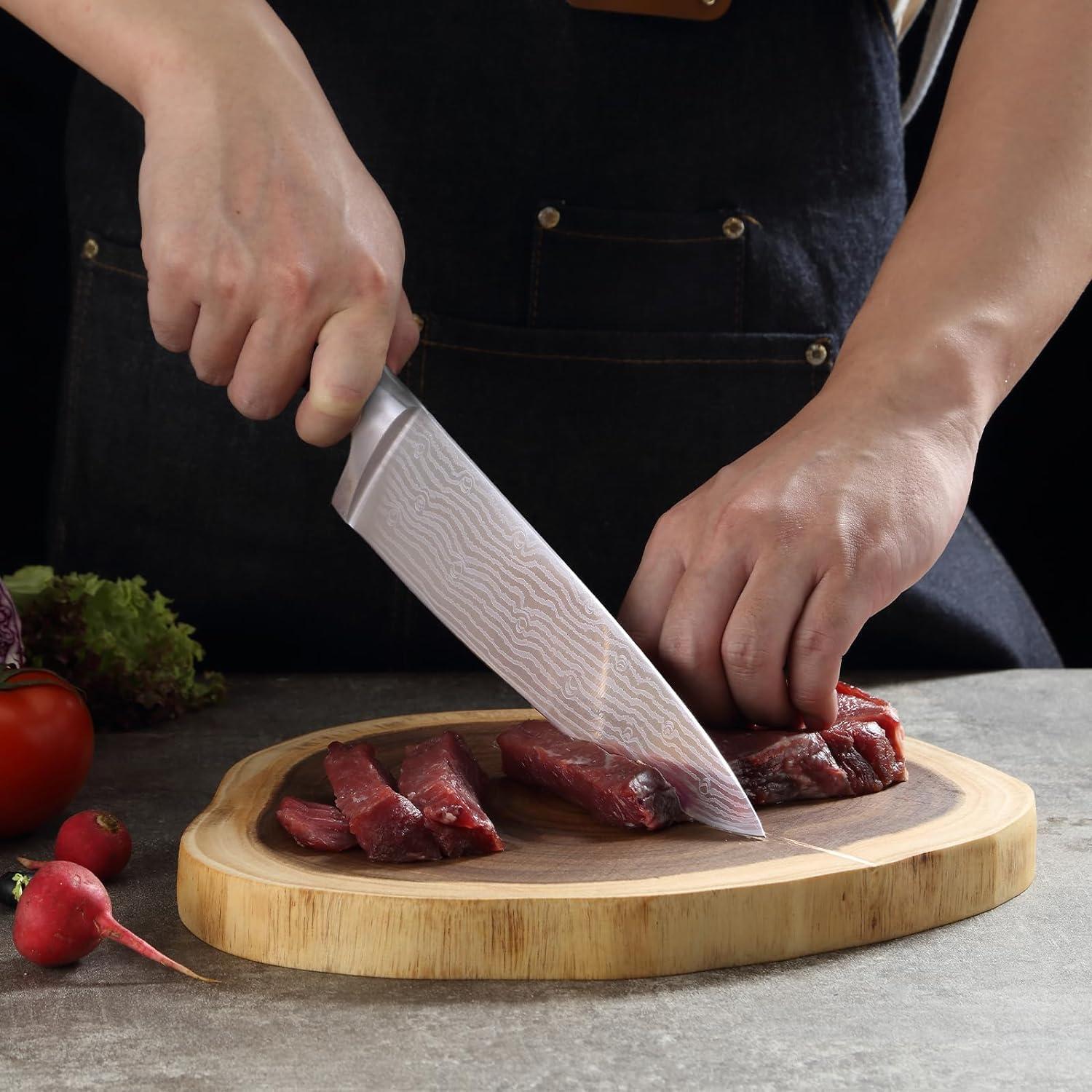 BEWOS Profi Damast Küchenmesser Set 21 cm Santoku Fleischmesser