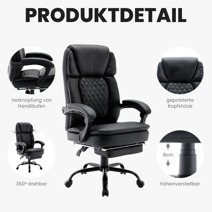 Ergonomischer Chefsessel Bürostuhl PU Leder Fußstütze Schwarz