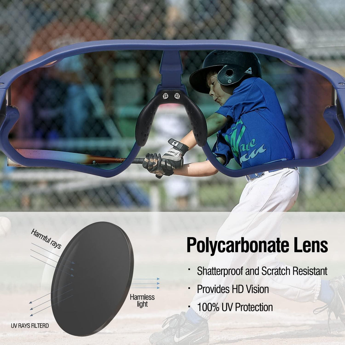 DUCO Kinder Sonnenbrille Jugend Baseball TR90 Rahmen UV400 DK268 Blau Schwarz