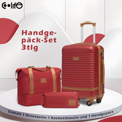 COOLIFE Hartschalen-Trolley: ABS Koffer Set 3tlg. Rot/Braun