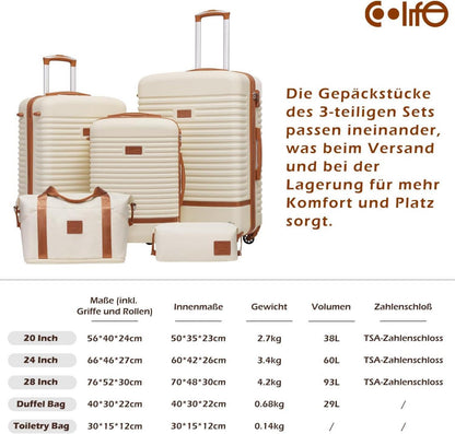 COOLIFE Koffer Trolley Set ABS Hartschale 4 Rollen TSA Rot/Braun 3tlg