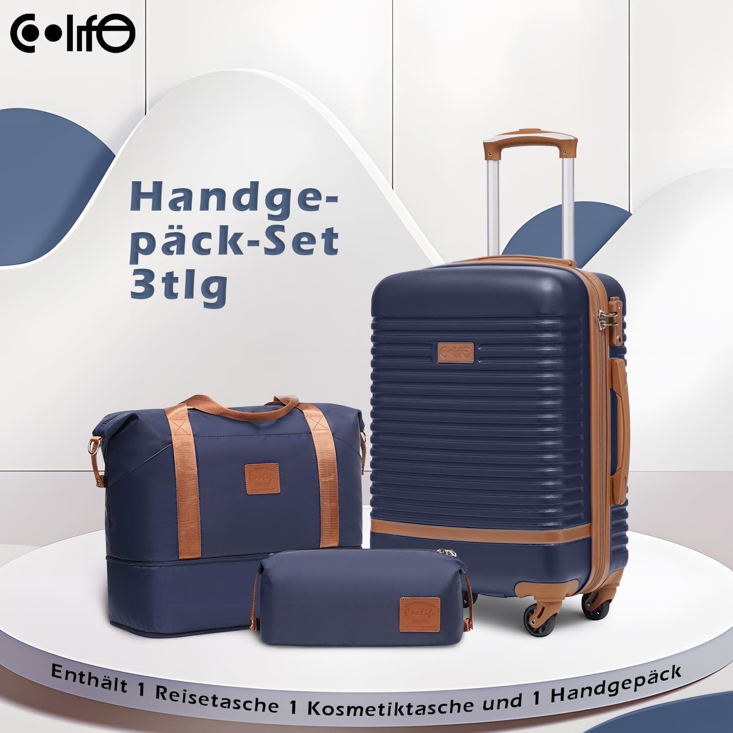 COOLIFE Koffer Set ABS Hartschalen 4 Rollen TSA Blau/Braun