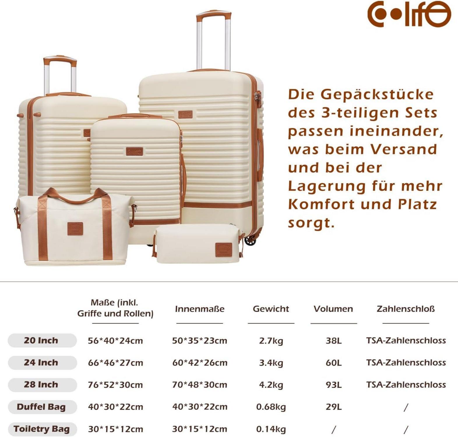COOLIFE Großer Koffer-Set 3tlg ABS Hartschale 4 Rollen TSA Schwarz/Braun