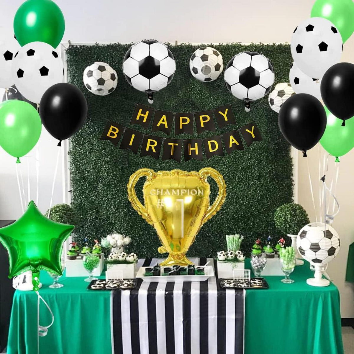 Fußball Party Dekoration 9 Jahre Trophäe Ballons Grün Schwarz