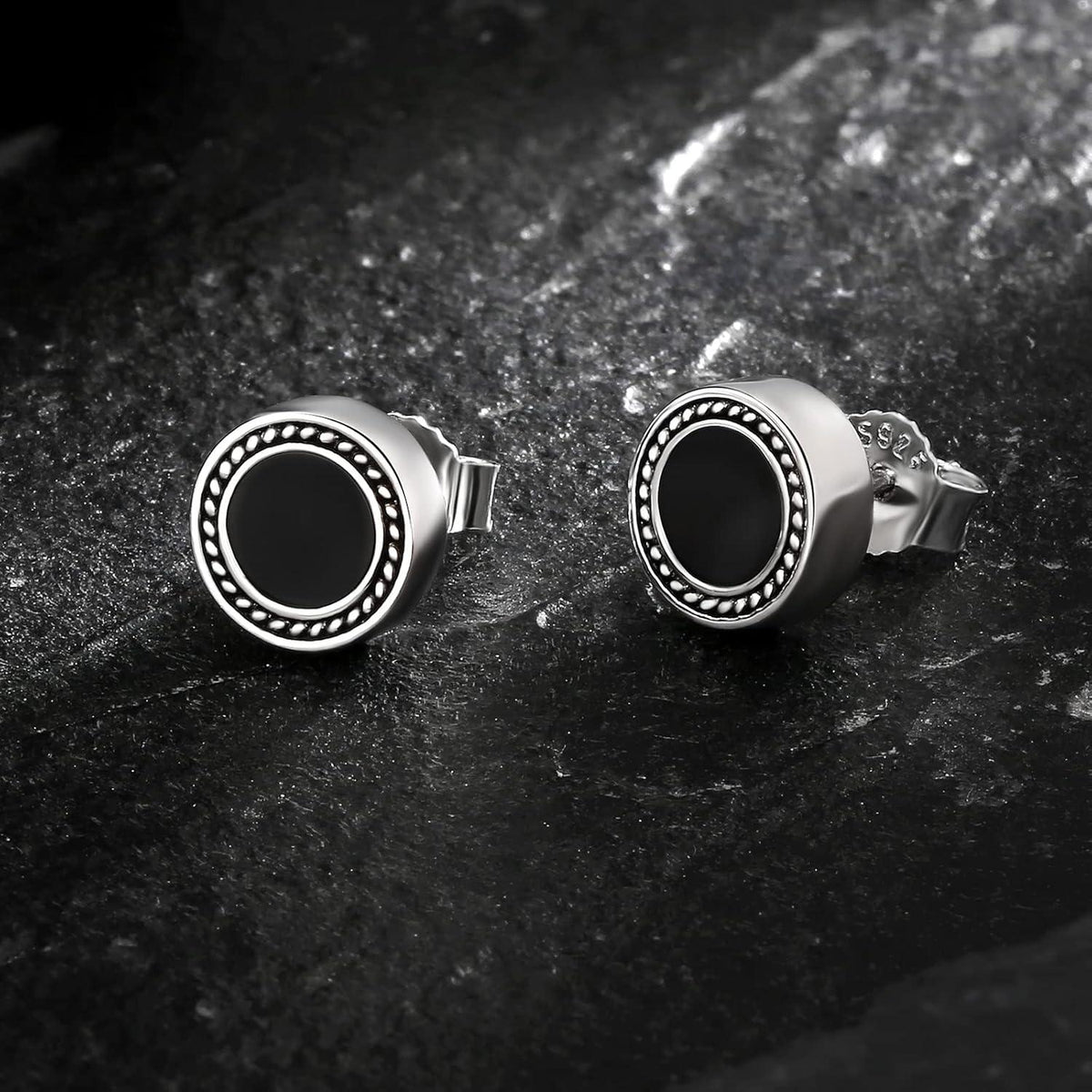 KRKC&CO Schwarz Onyx Ohrstecker 925 Silber Weißgoldbeschichtet 8mm