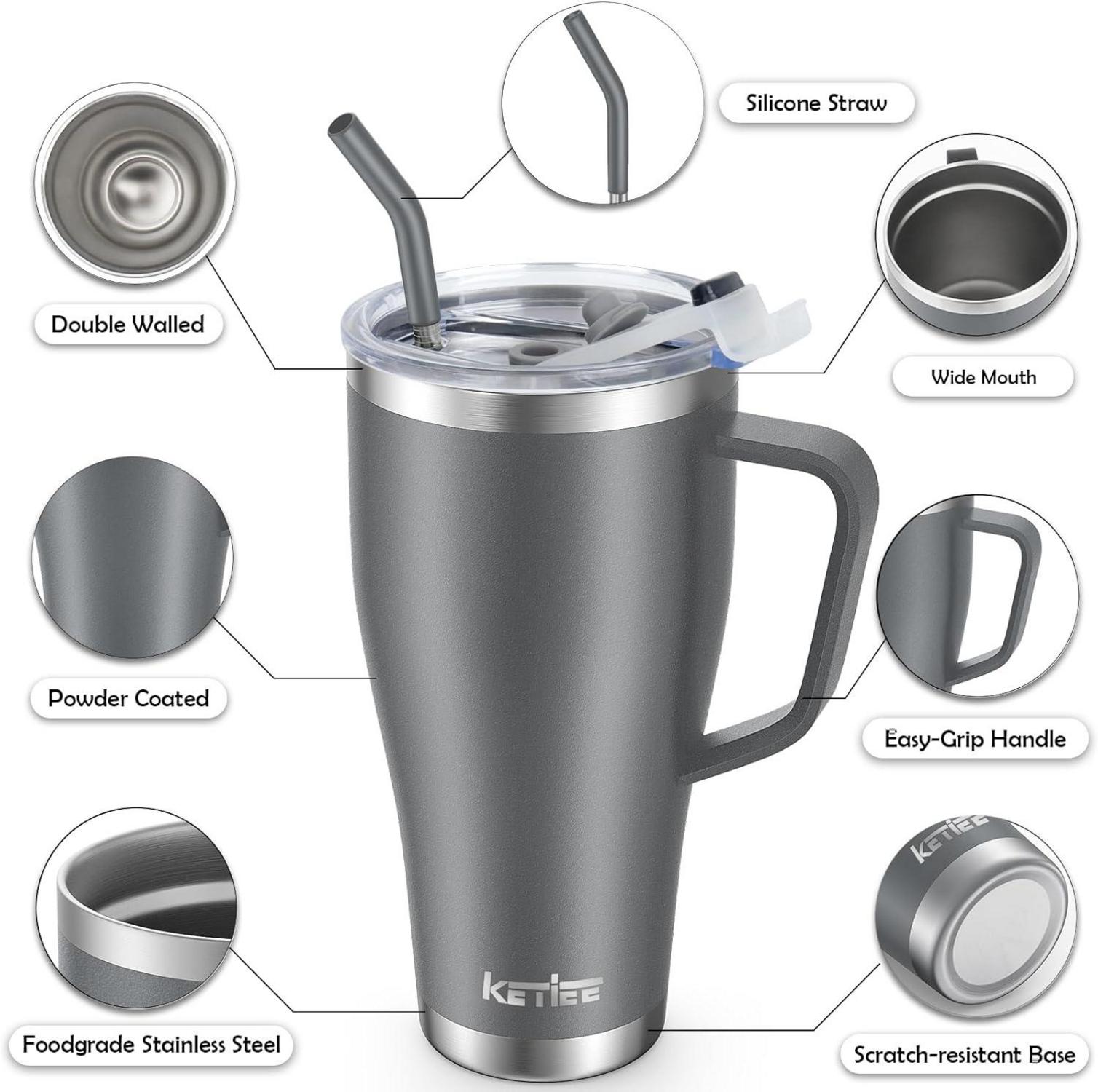 Thermobecher 850ml mit Strohhalm und 2 Deckeln Edelstahl Isolierbecher Grau
