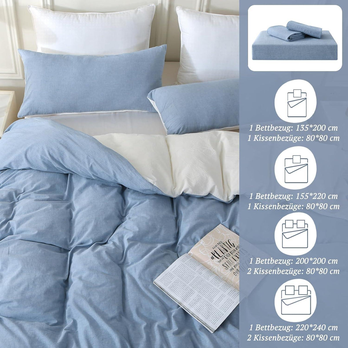 Bettwäsche Set 135x200 100% Baumwolle Stone Washed Blue