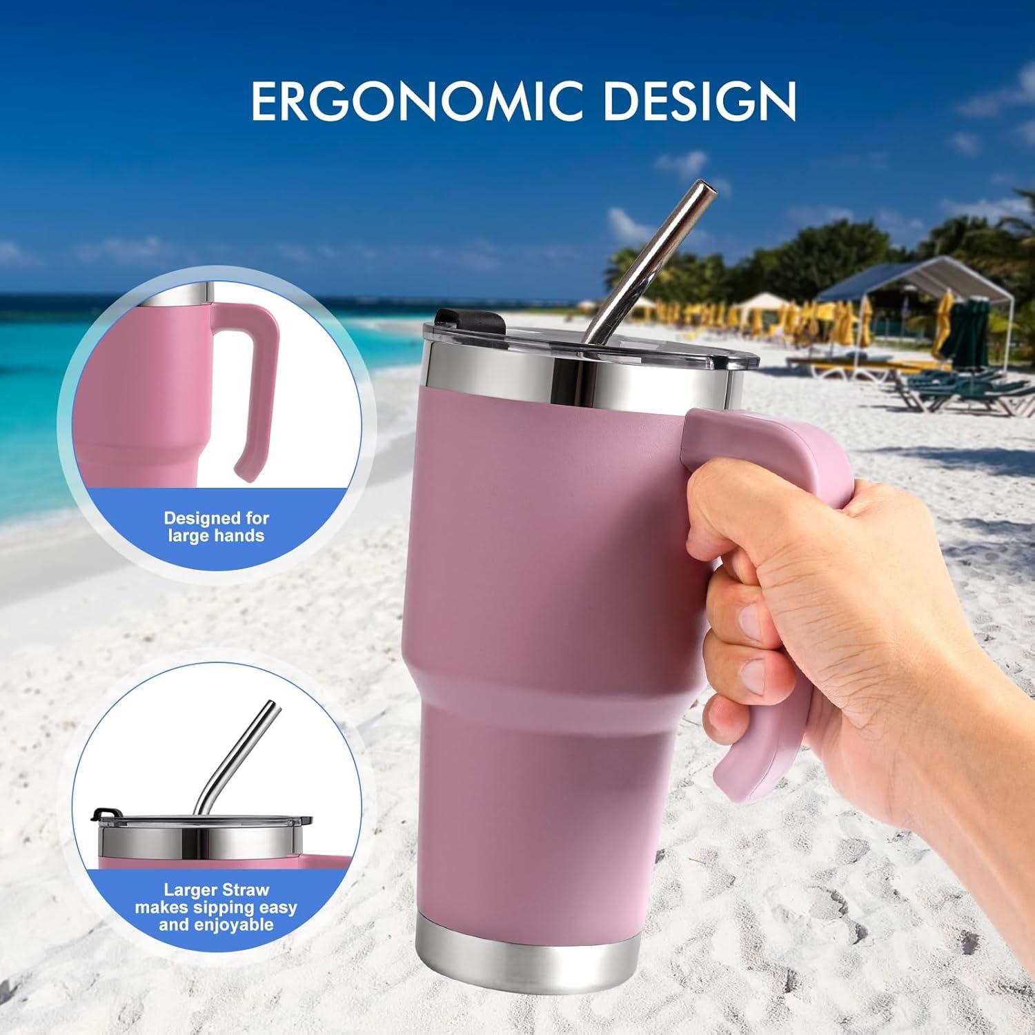Thermobecher mit Strohhalm 30oz/850ml Rosa Edelstahl BPA-frei