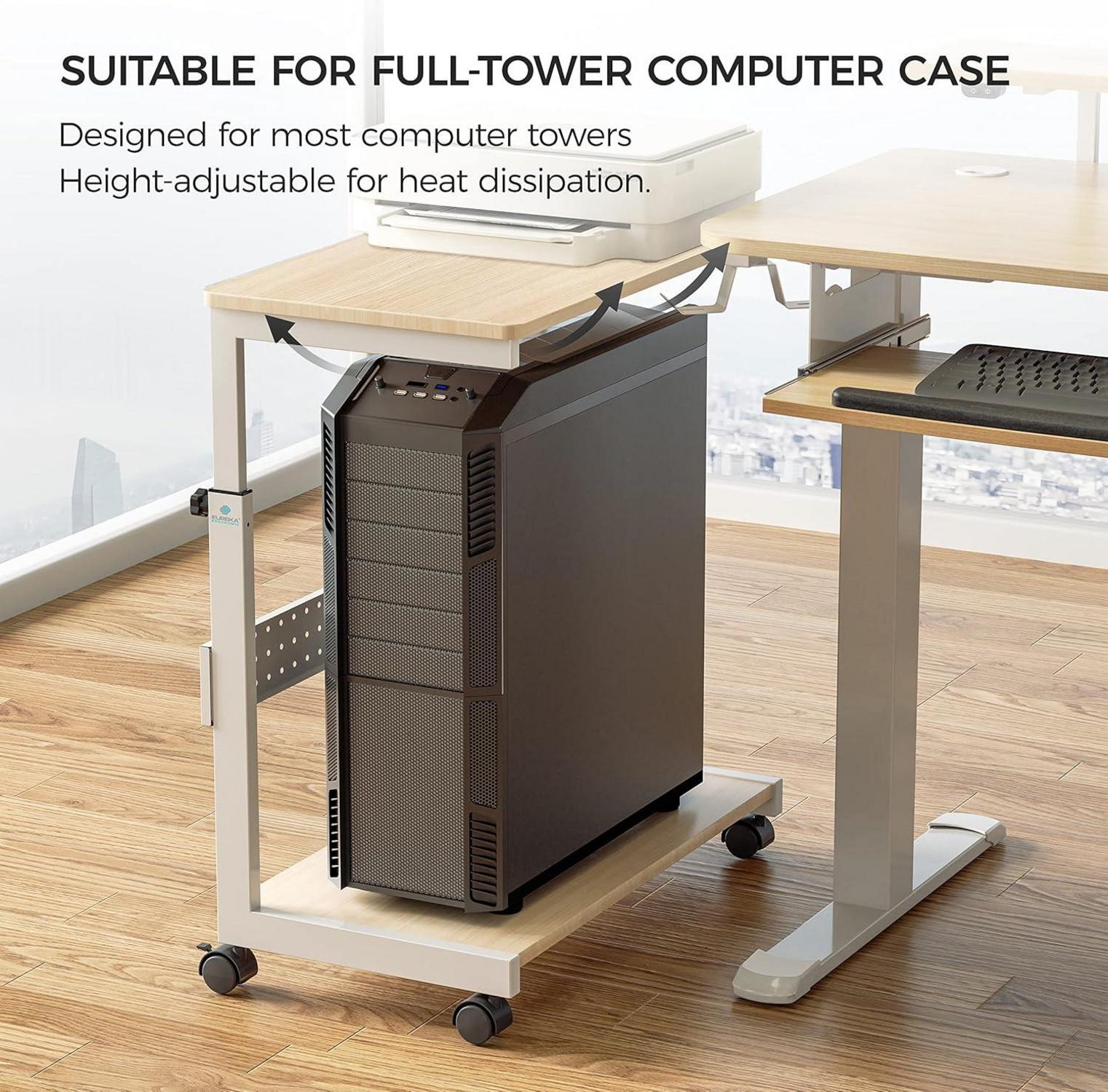 Höhenverstellbarer PC Tower Ständer mit Rollen und Mauspad, Ahornfarbe