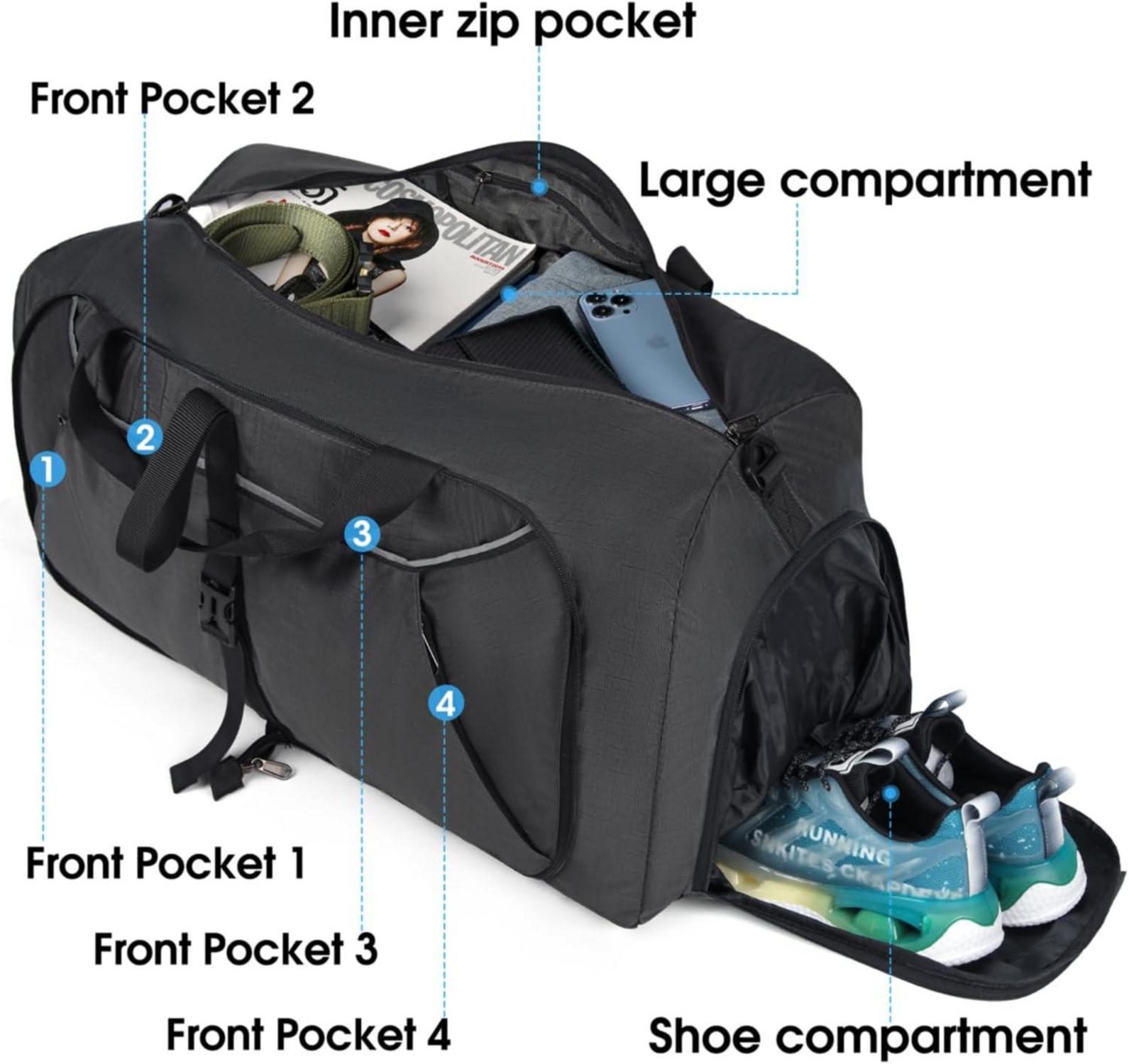 Faltbare Reisetasche 80L mit Schuhfach, wasserdicht, Grau