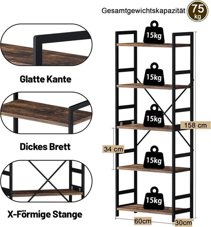Bücherregal mit 5 Regalböden Holz Industrie-Style Vintage 30x60x158cm