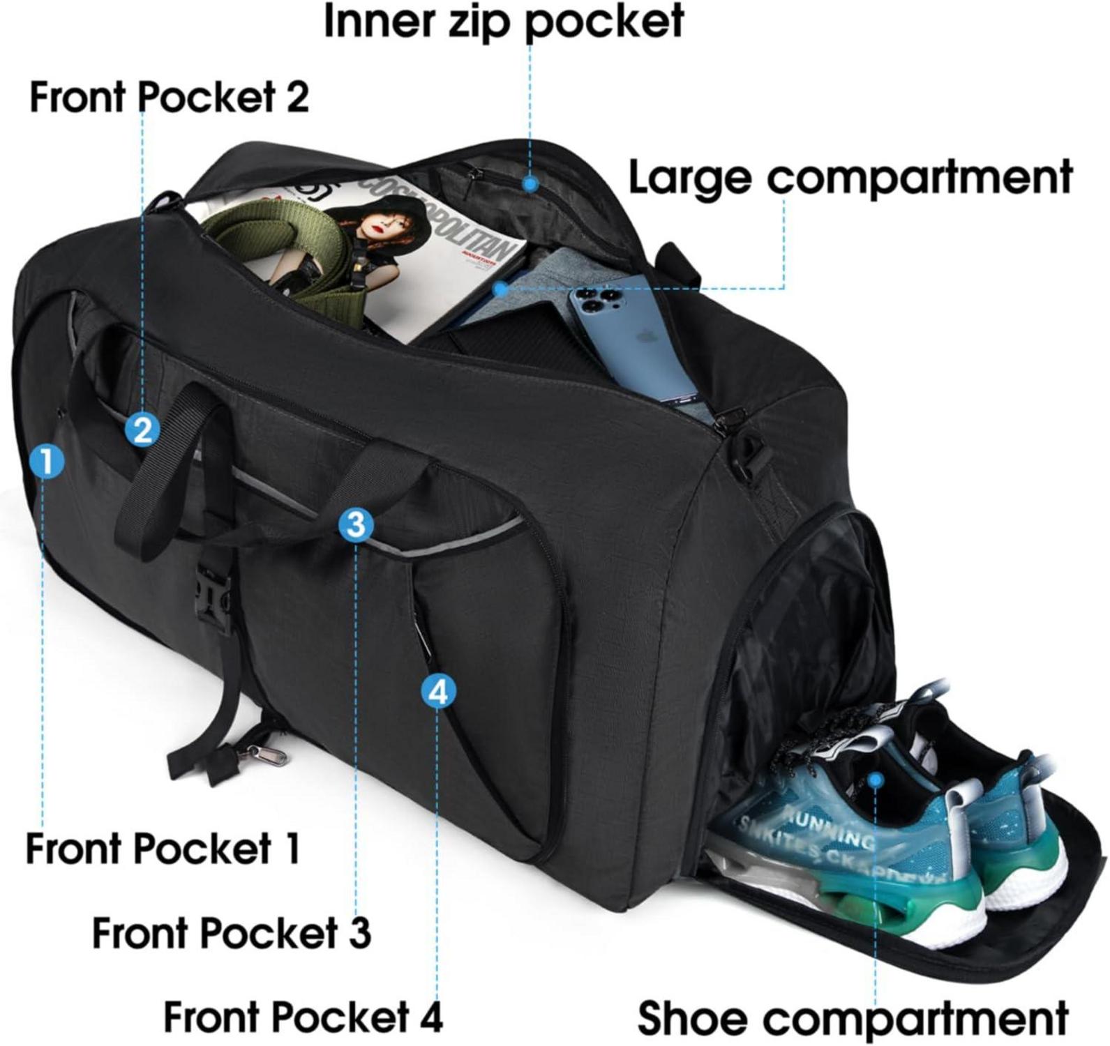 Faltbare Reisetasche 100L Schwarz mit Schuhfach & 6 Taschen