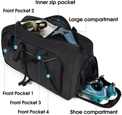 Faltbare Reisetasche 100L Schwarz mit Schuhfach & 6 Taschen