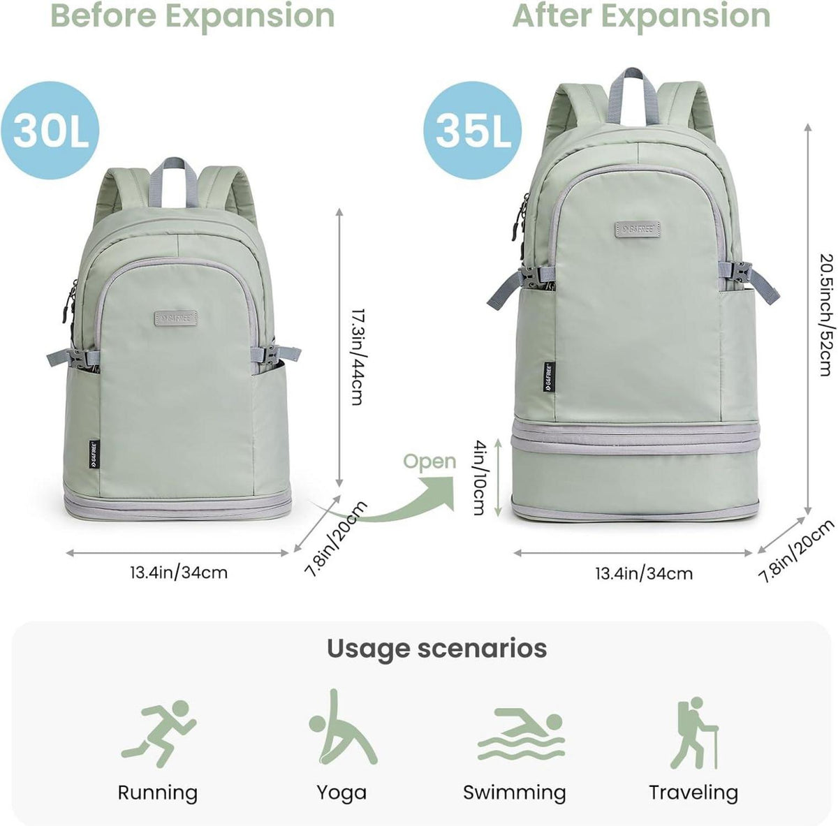 G4Free 35L Sportrucksack wasserdicht mit Schuhfach und Nassfach Hellgrün